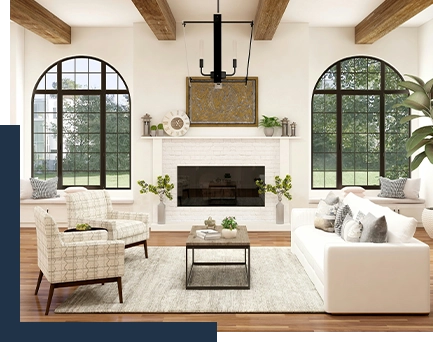 photo of a high-end rustic, warm living space: the ceiling has exposed wood beams, a fireplace is flanked by plants and two massive arched widows filled with small panels, the floor is hard wood, and the furniture consists of a white couch, two armchairs, and a coffee table (featured image: About Ode Custom Renovations page)