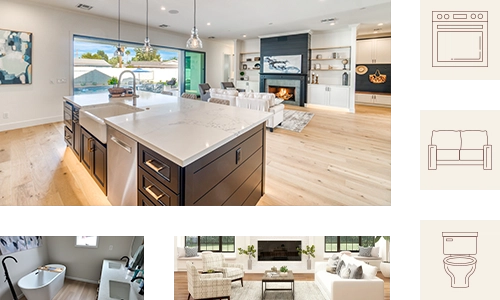 gallery-style photo collage that features a brightly lit open concept kitchen/living room space, a bathroom with a Jack-and-Jill marble sink and a soaking tub, a warm but neutral high-end rustic living room, and three maroon icons on a cream background (an oven, a couch, and a toilet)