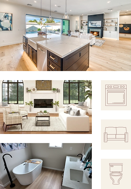 gallery-style photo collage that features a brightly lit open concept kitchen/living room space, a bathroom with a Jack-and-Jill marble sink and a soaking tub, a warm but neutral high-end rustic living room, and three maroon icons on a cream background (an oven, a couch, and a toilet)