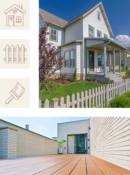 gallery-style photo collage that features the front of a white house with a picket fence, a modern rooftop deck space, and three maroon icons on a cream background (a house, a picket fence, and a paintbrush)