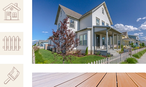 gallery-style photo collage that features the front of a white house with a picket fence, a closeup of deck wood, and three maroon icons on a cream background (a house, a picket fence, and a paintbrush)
