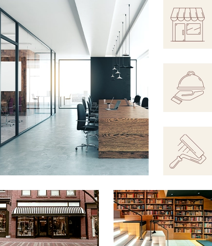 gallery-style photo collage that features a brightly lit modern office space, a storefront, a college library space with built-in wooden shelving following the steps in the adjacent staircase, and three maroon icons on a cream background (a storefront with scalloped awning, a gloved hand holding a serving cloche, and a paint roller)