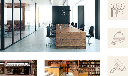 gallery-style photo collage that features a brightly lit modern office space, a storefront, a college library space with built-in wooden shelving following the steps in the adjacent staircase, and three maroon icons on a cream background (a storefront with scalloped awning, a gloved hand holding a serving cloche, and a paint roller)