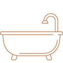 thin-lined bronze icon of a clawfoot bathtub with a high faucet
